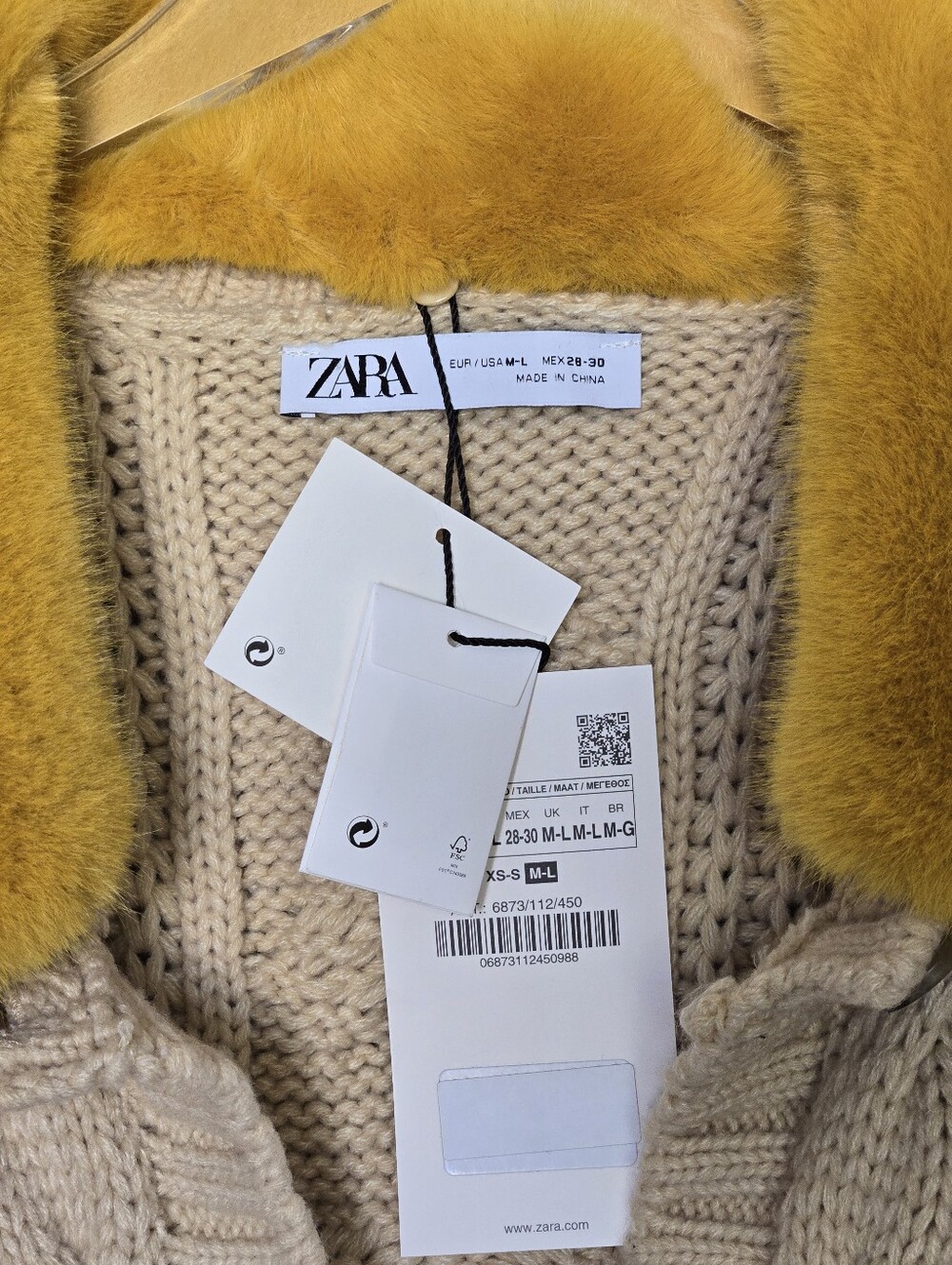 NWT Zara Cable Knit Cardigan with Removable Fur Collar - Picture 8 of 12